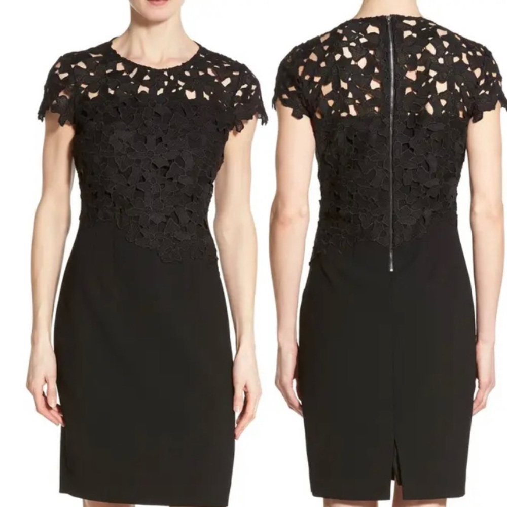 Tahari Carly Lace & Crepe Sheath Black Dress Sz 14
